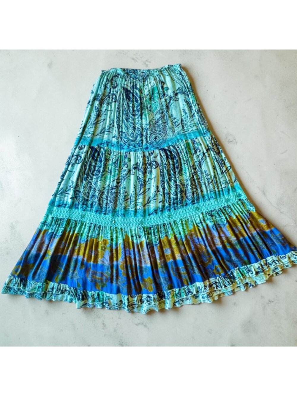 Boho Maxi Skirt Teal & Blue Size M Paisley & Floral Tiered Design Jeweled Accent - Picture 3 of 10